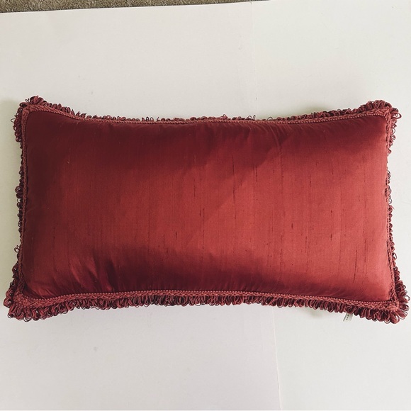 Feather & Down Oblong Silk Covered Decorative Throw Pillow in Deep Rust. EC - Picture 5 of 8